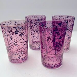 Set of 4 of Pink Flashed Drinking Glasses with Swirl Leaves